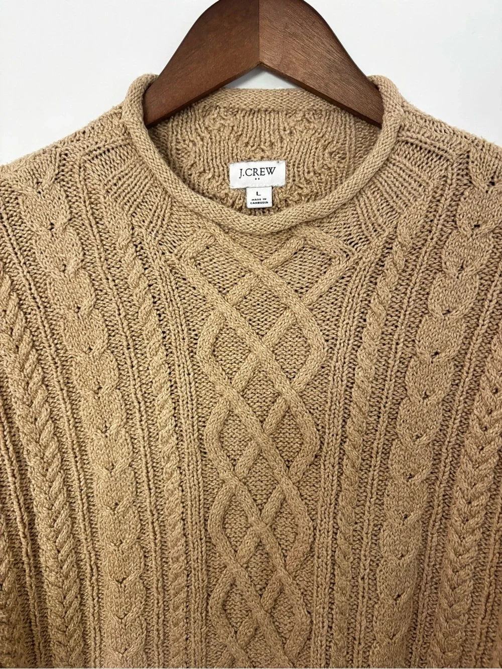 J.Crew Cable Knit Rolled Neck Sweater Large Tan Cotton Blend Fisherman Knit